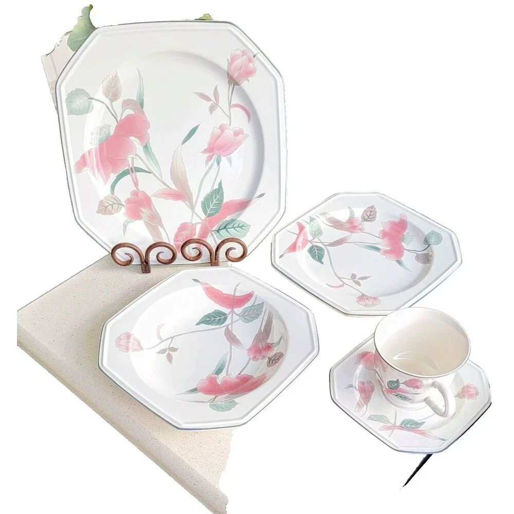 Set of Mikasa Continental Silk Flowers Square Dishes, Bowls, Cups, Saucers